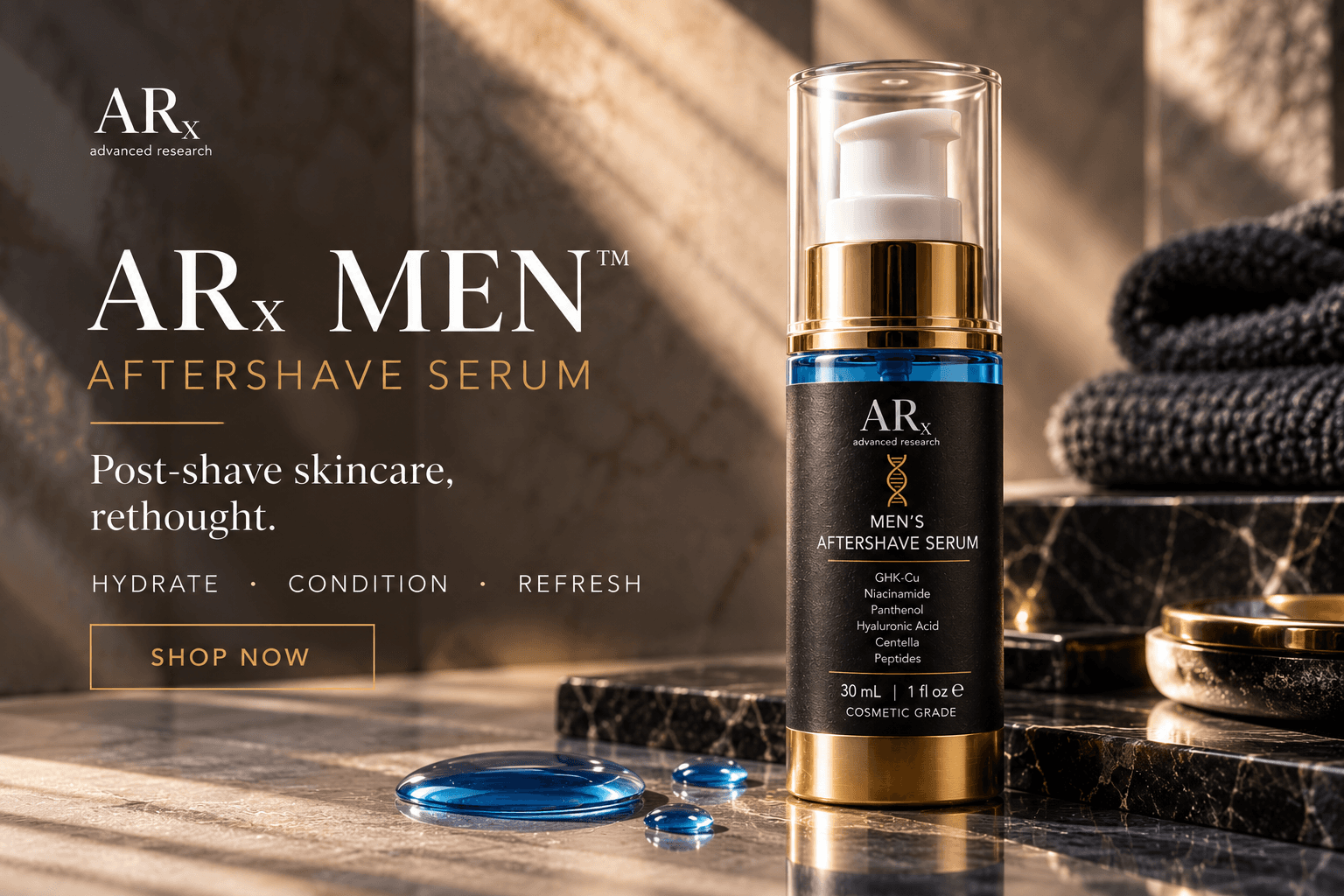 ARx MEN GHK-Cu Aftershave Serum bottle in a warm, dark post-shave setting