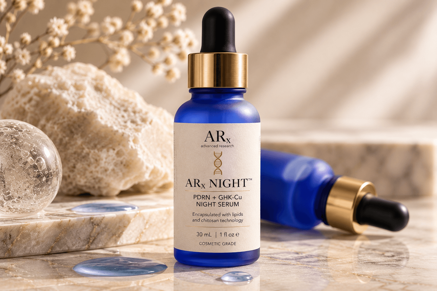 ARx NIGHT PDRN and GHK-Cu Night Serum in a blue dropper bottle with champagne-gold details