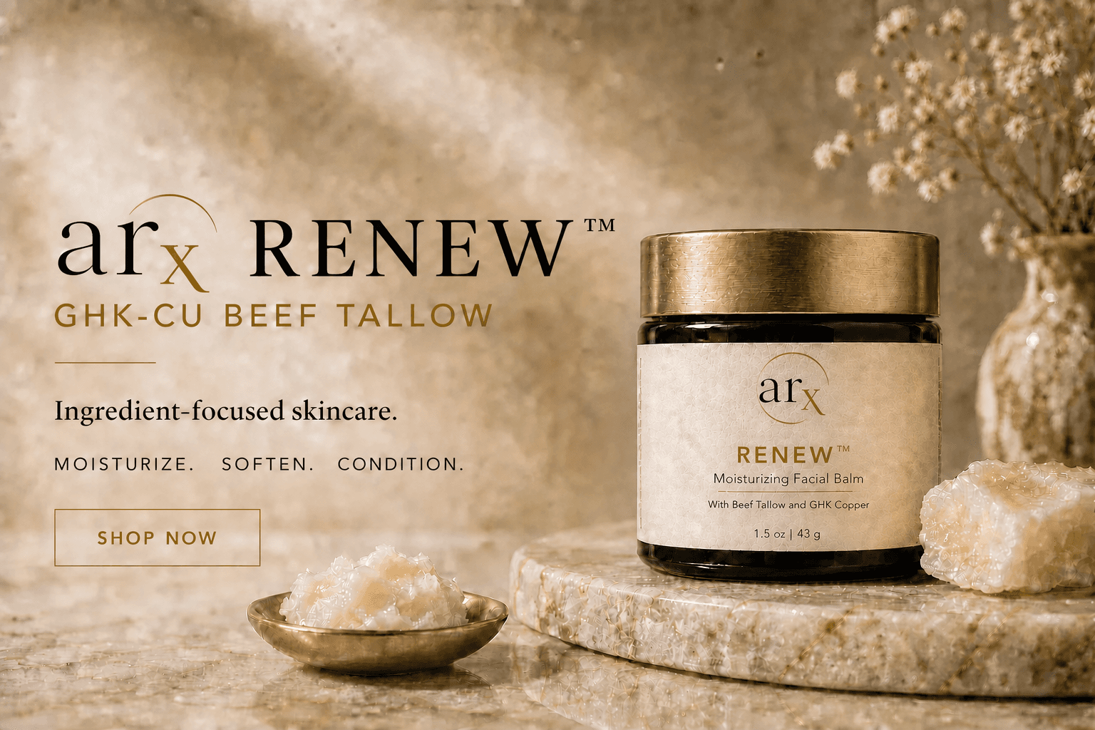 ARx RENEW GHK-Cu Beef Tallow Balm in a champagne-gold jar
