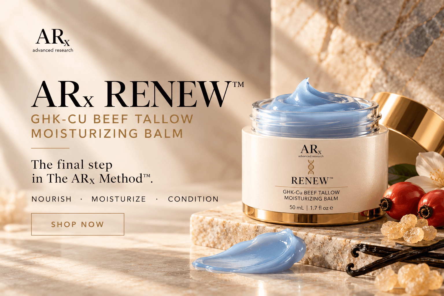 ARx RENEW GHK-Cu Beef Tallow Balm in a champagne-gold jar